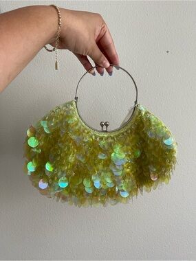 Iridescent Lime Sequin Halo Handle Clutch